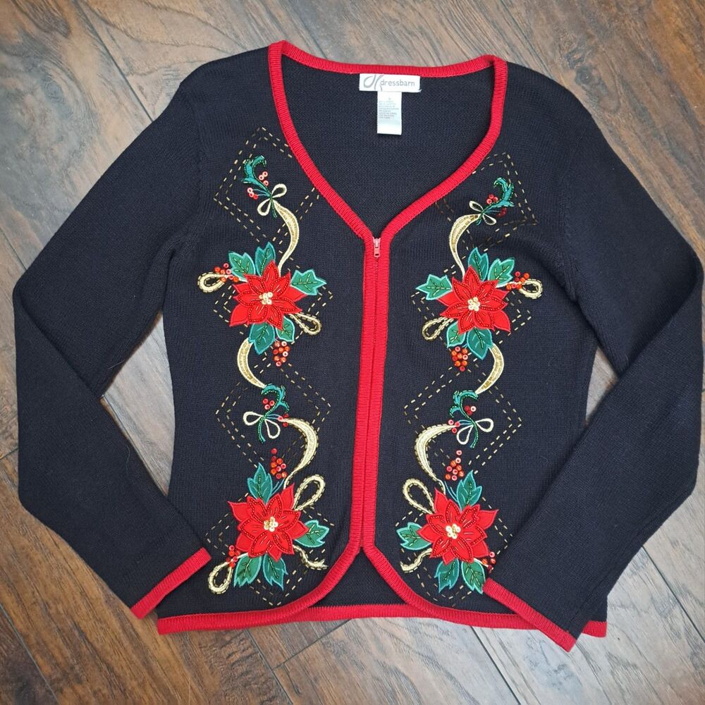VTG Dress Barn Zip Up Cardigan Sweater Embroidered Beaded Christmas Sz S Roomy